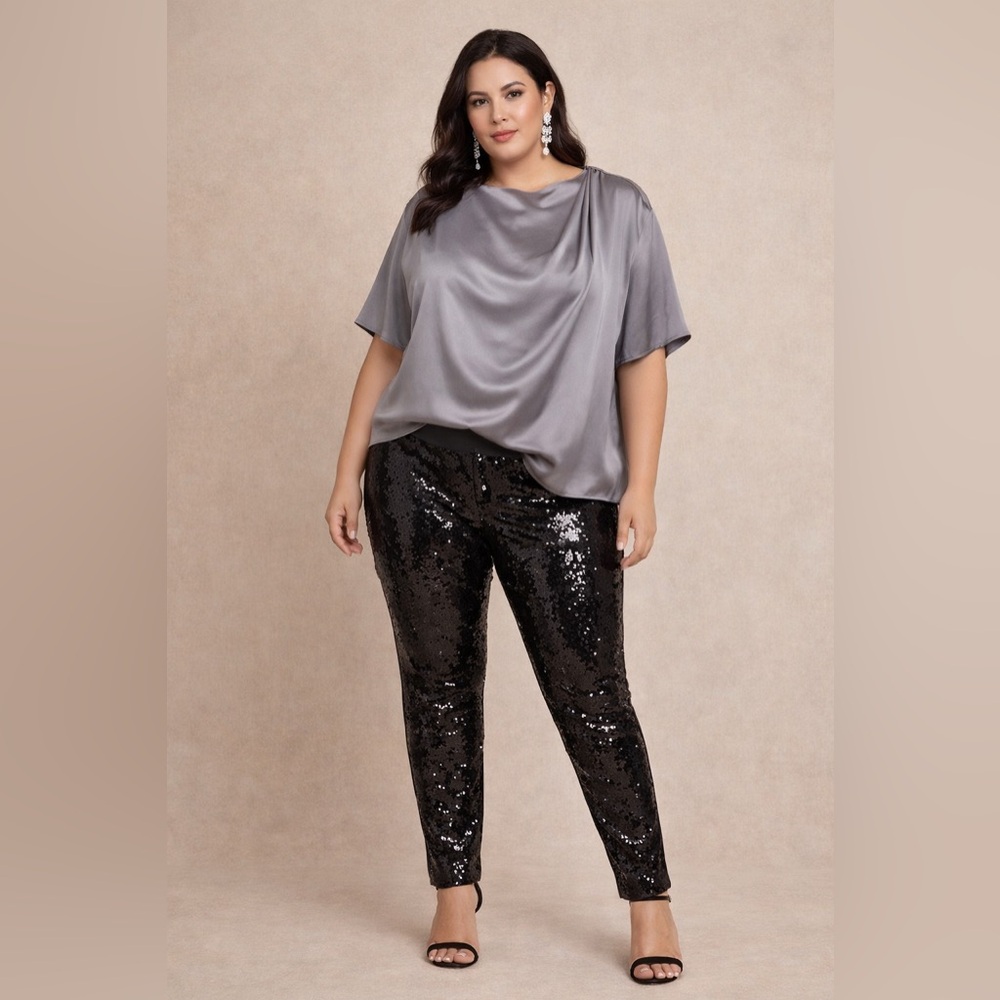 NWOT Spanx Black Sequin Faux Leather Leggings, size Large